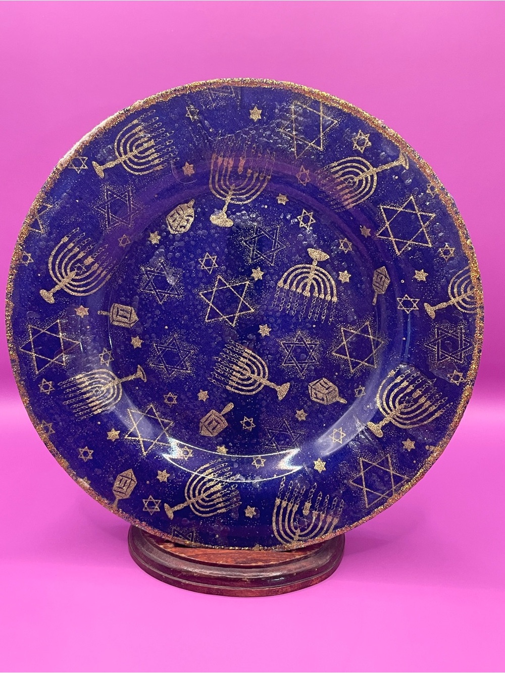 Festive Blue and Gold Hanukkah Plate